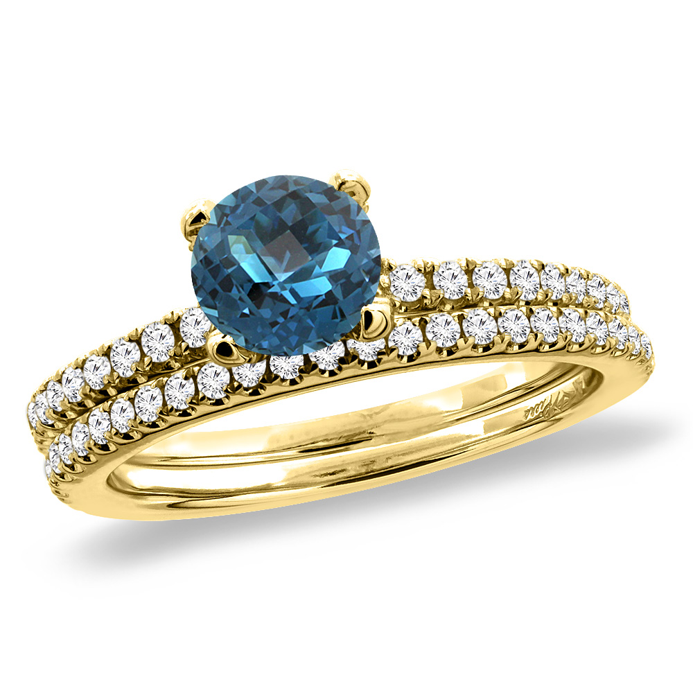 14K Yellow Gold Diamond Natural London Blue Topaz 2pc Engagement Ring Set Round 5 mm, sizes 5-10