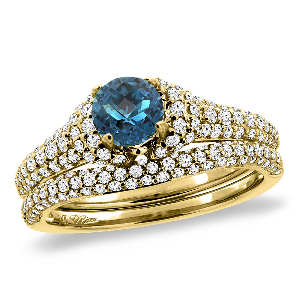 14K Yellow Gold Diamond Natural London Blue Topaz 2pc Engagement Ring Set Round 5 mm, sizes 5-10