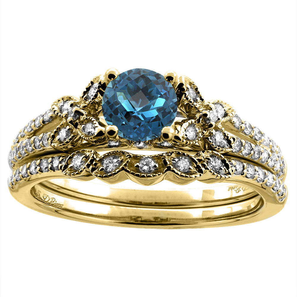 14K Yellow Gold Floral Diamond Natural London Blue Topaz 2pc Engagement Ring Set Round 5 mm,size5-10