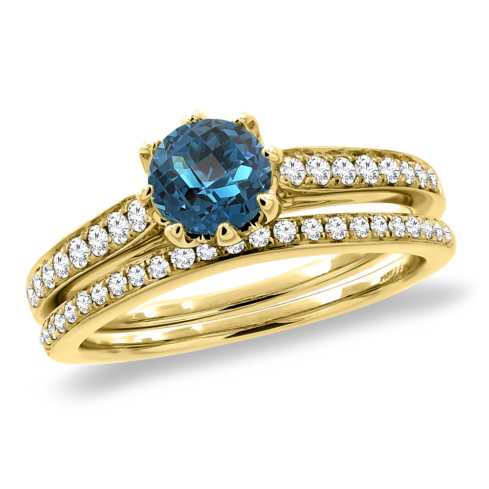 14K Yellow Gold Diamond Natural London Blue Topaz 2pc Engagement Ring Set Round 5 mm,size5-10
