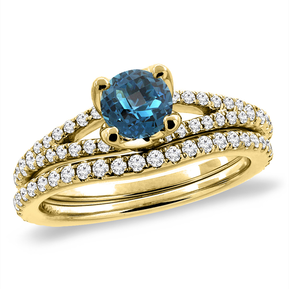 14K Yellow Gold Diamond Natural London Blue Topaz 2pc Engagement Ring Set Round 5 mm,size5-10