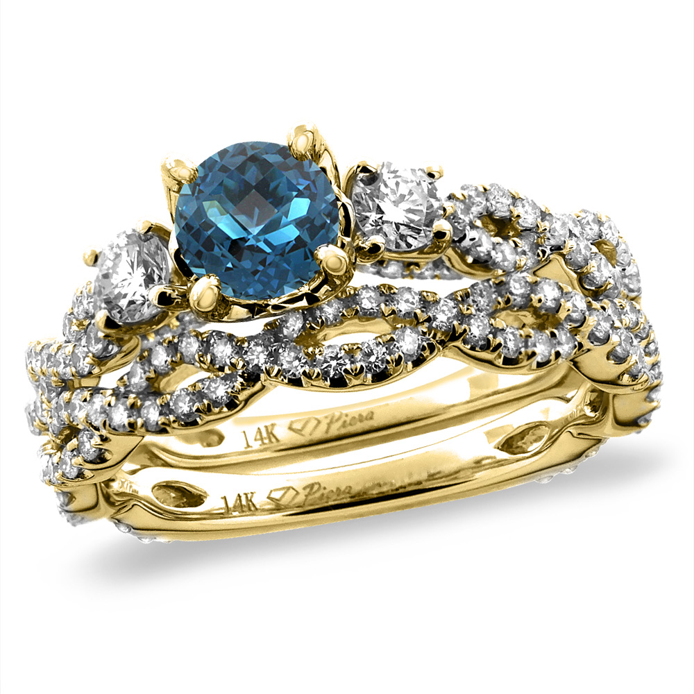 14K Yellow Gold Diamond Natural London Blue Topaz 2pc Infinity Engagement RingSet Round 5mm,size5-10