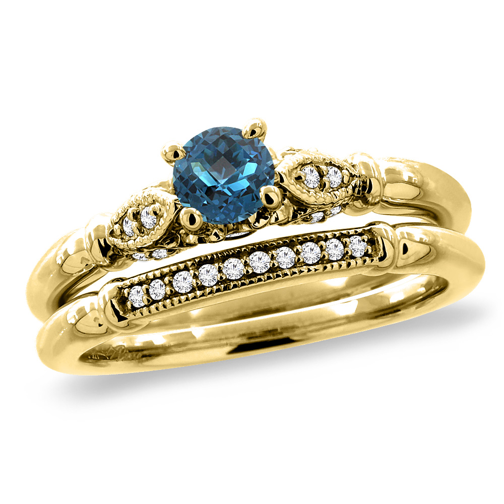 14K Yellow Gold Diamond Natural London BlueTopaz 2pc Engagement Ring Set Round 4 mm, sizes 5 - 10