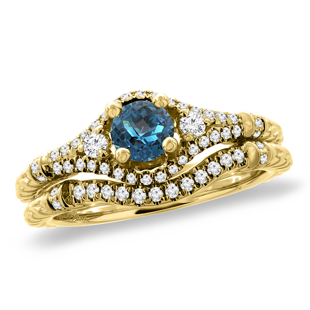 14K Yellow Gold Diamond Natural London BlueTopaz 2pc Engagement Ring Set Round 4 mm, sizes 5 - 10