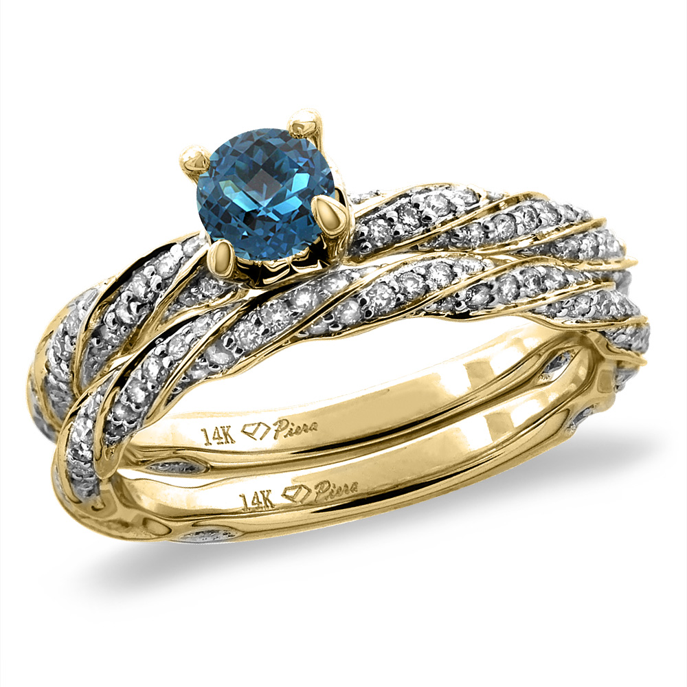 14K Yellow Gold Diamond Natural London BlueTopaz 2pc Twisted Engagement Ring Set Round 4mm, size5-10