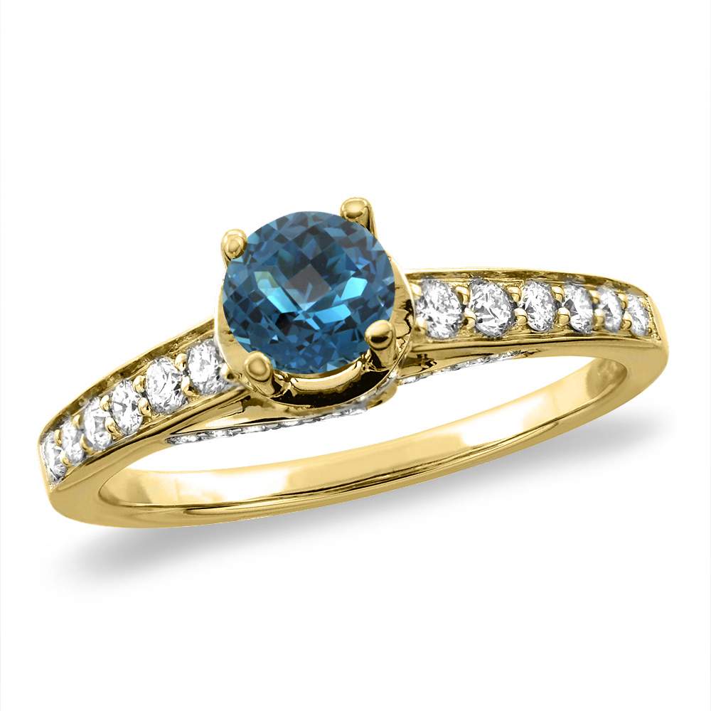 14K White/Yellow Gold Diamond Natural London Blue Topaz Engagement Ring Round 4 mm,size 5 -10