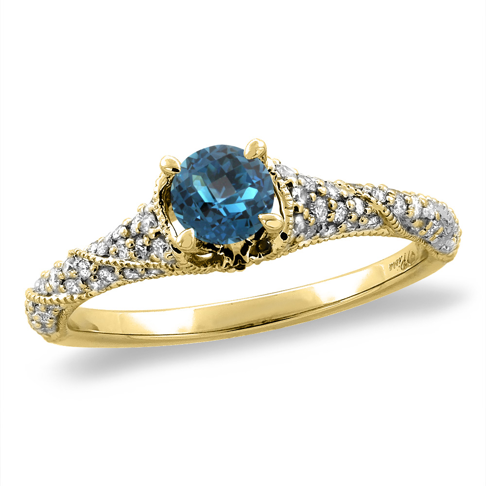 14K Yellow Gold Diamond Natural London Blue Topaz Engagement Ring Round 4 mm, sizes 5 -10