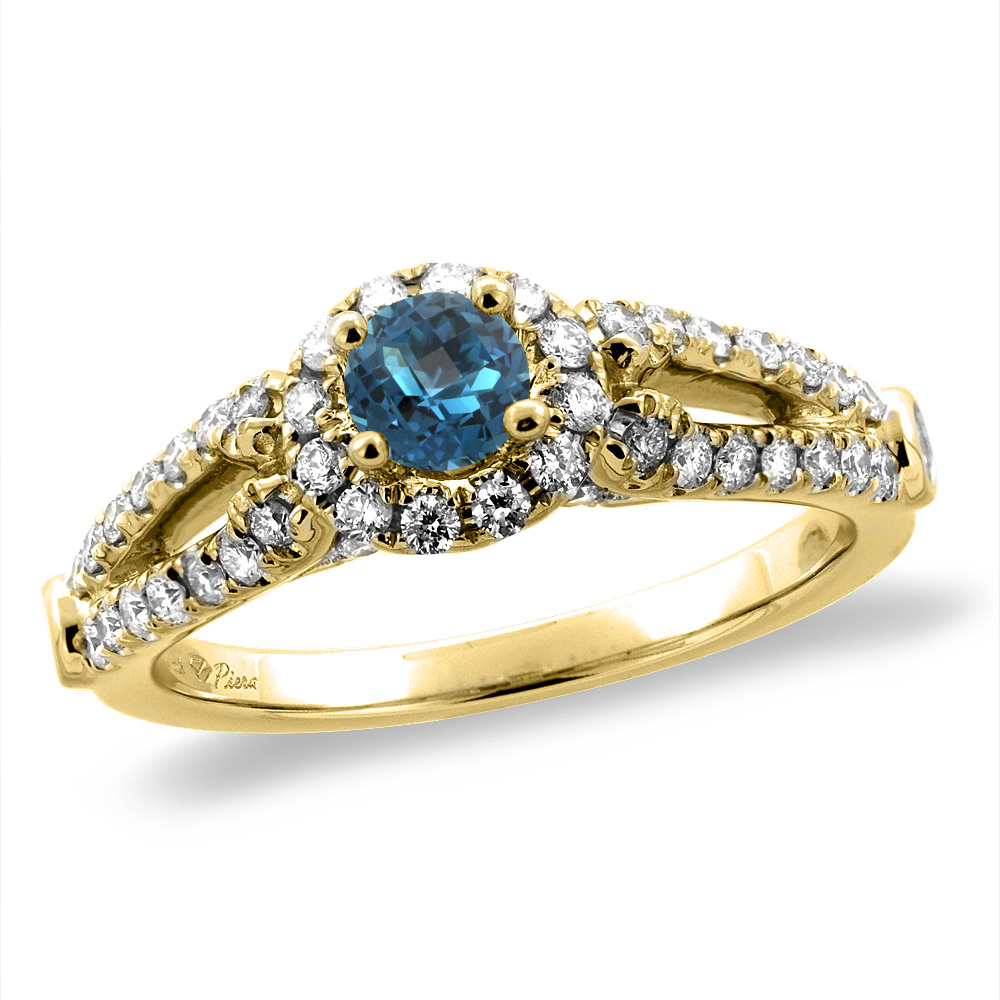 14K Yellow Gold Diamond Natural London Blue Topaz Halo Engagement Ring Round 4 mm,size 5 -10