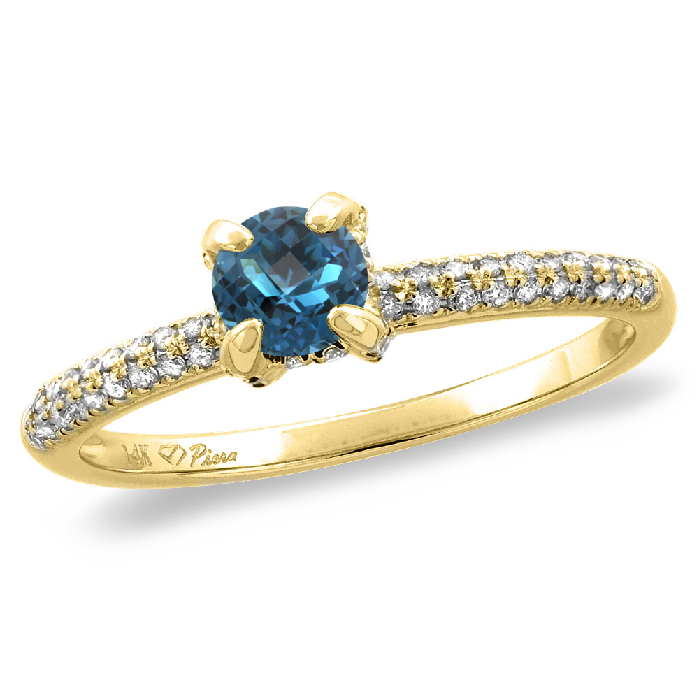 14K White/Yellow Gold Diamond Natural London Blue Topaz Solitaire Engagement Ring Round 4 mm,size 5 -10