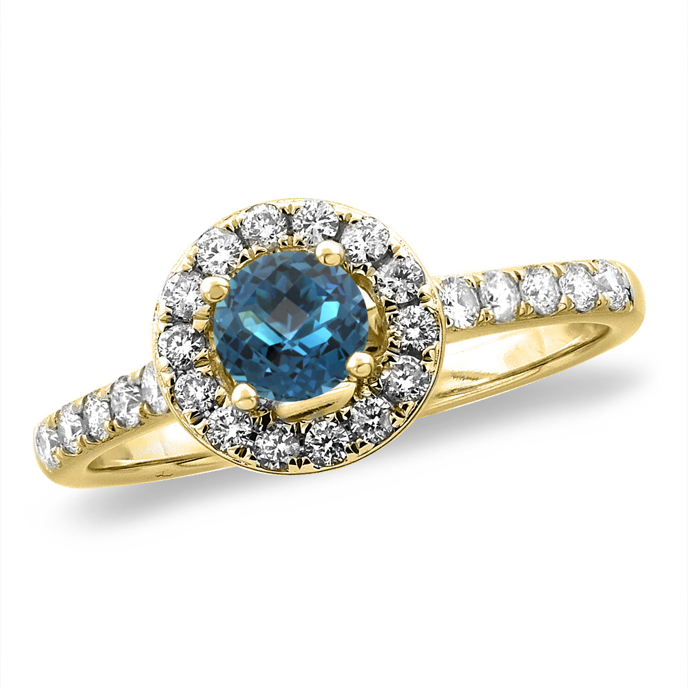 14K White/Yellow Gold Diamond Natural London Blue Topaz Halo Engagement Ring Round 4 mm,size 5 -10