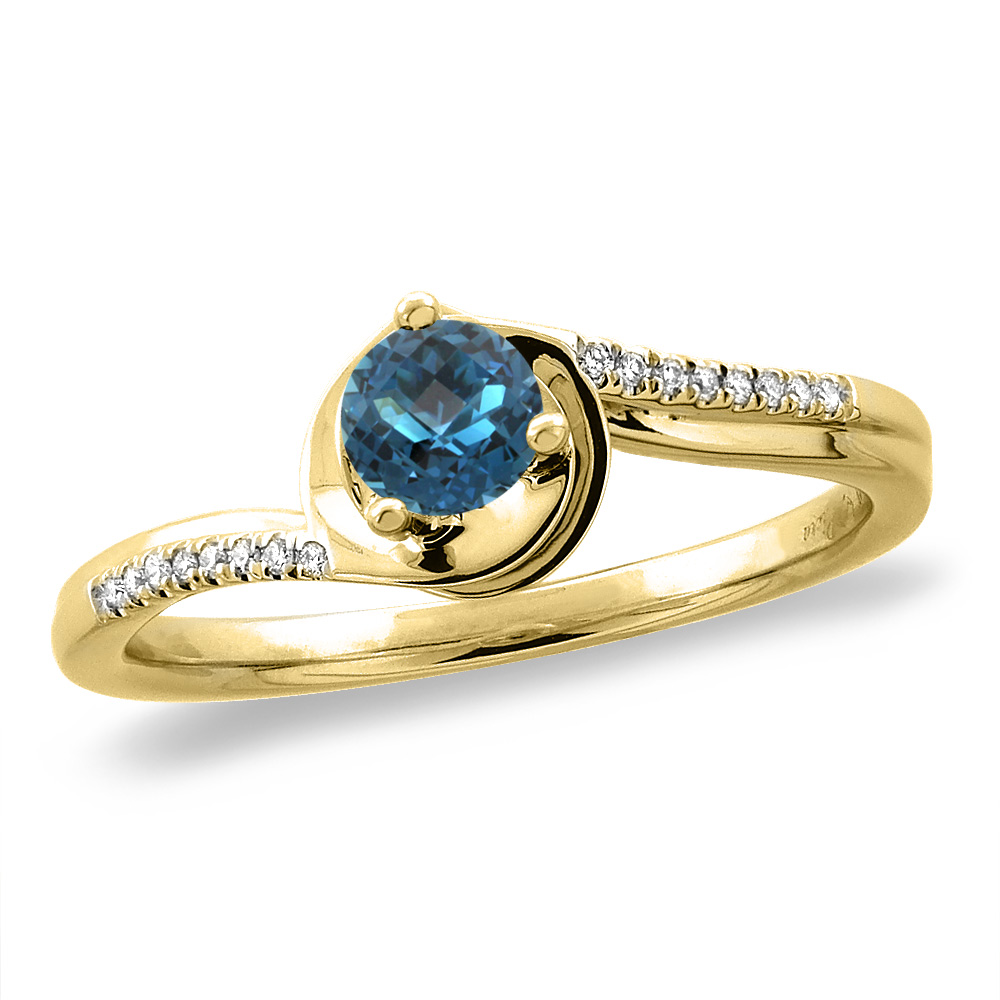 14K White/Yellow Gold Diamond Natural London Blue Topaz Bypass Engagement Ring Round 4 mm,size 5 -10