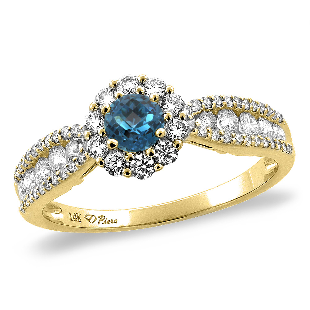 14K Yellow Gold Natural London Blue Topaz Halo Engagement Ring Round 4 mm, sizes 5 -10