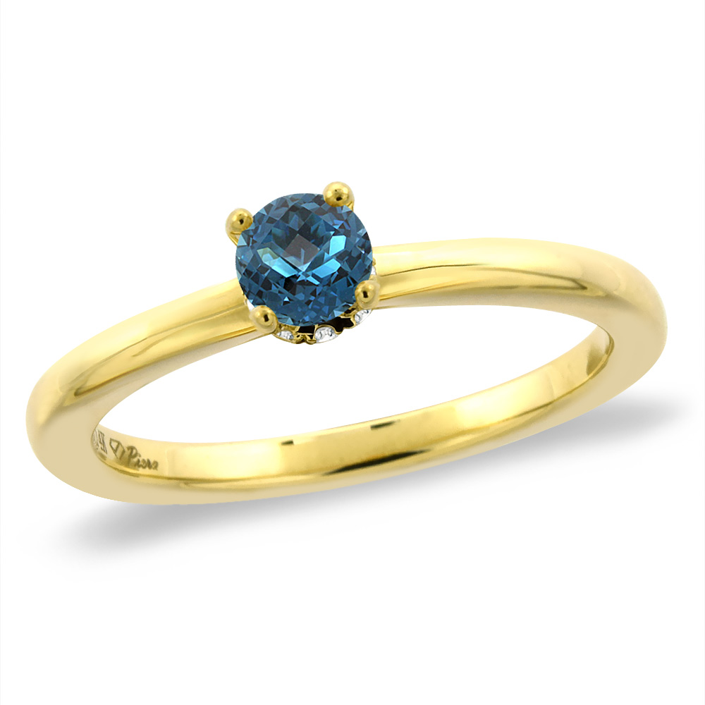 14K Yellow Gold Diamond Natural London Blue Topaz Solitaire Engagement Ring Round 4 mm, sizes 5 -10