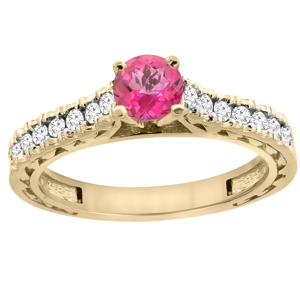 14K Yellow Gold Natural Pink Topaz Round 5mm Engraved Engagement Ring Diamond Accents, sizes 5 - 10