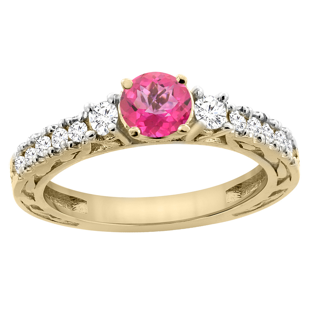 14K Yellow Gold Natural Pink Topaz Round 6mm Engraved Engagement Ring Diamond Accents, sizes 5 - 10