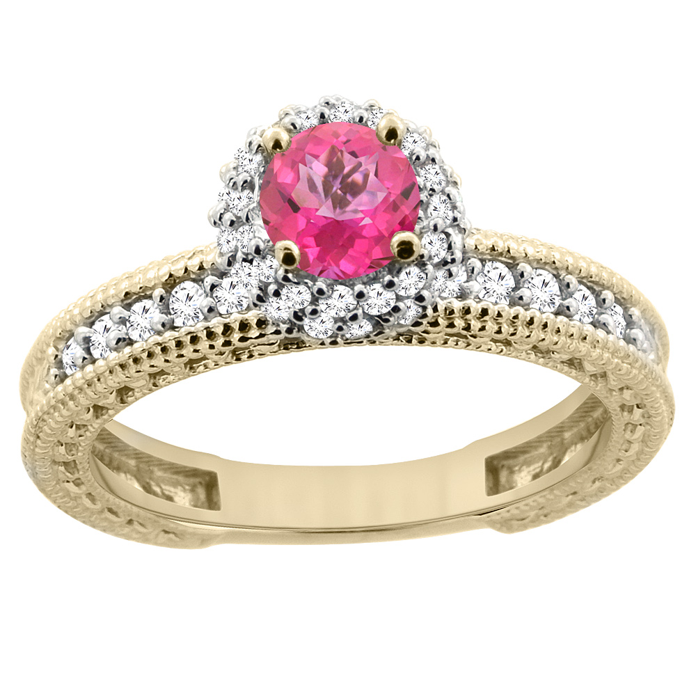 14K Yellow Gold Natural Pink Topaz Round 5mm Engagement Ring Diamond Accents, sizes 5 - 10