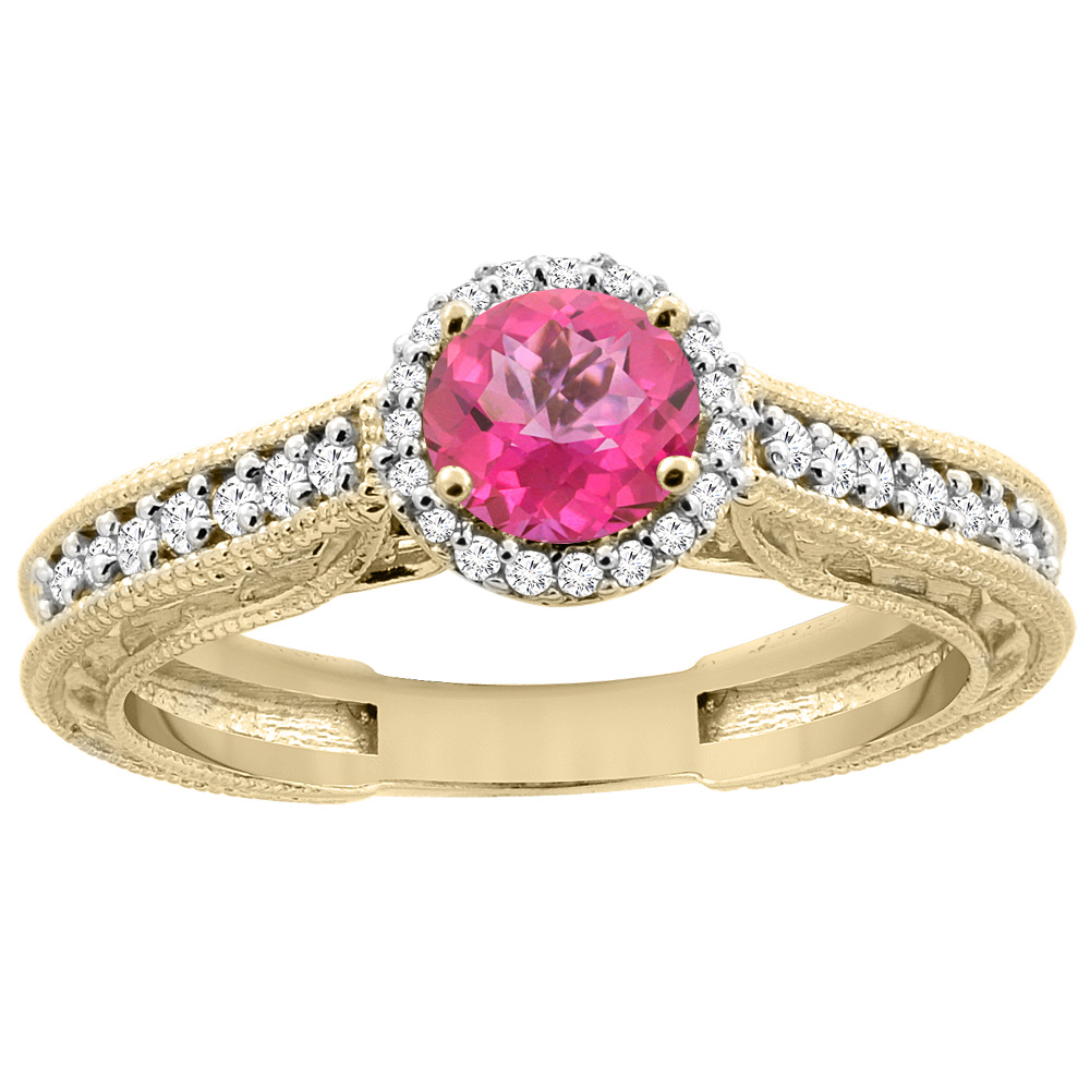 14K Yellow Gold Natural Pink Topaz Round 5mm Engraved Engagement Ring Diamond Accents, sizes 5 - 10