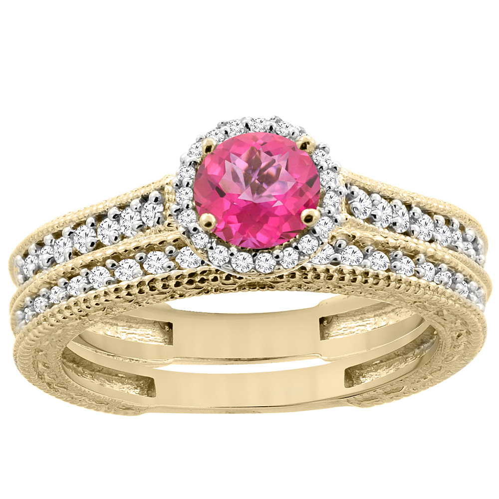 14K Yellow Gold Natural Pink Topaz Round 5mm Engagement Ring 2-piece Set Diamond Accents, sizes 5 - 10