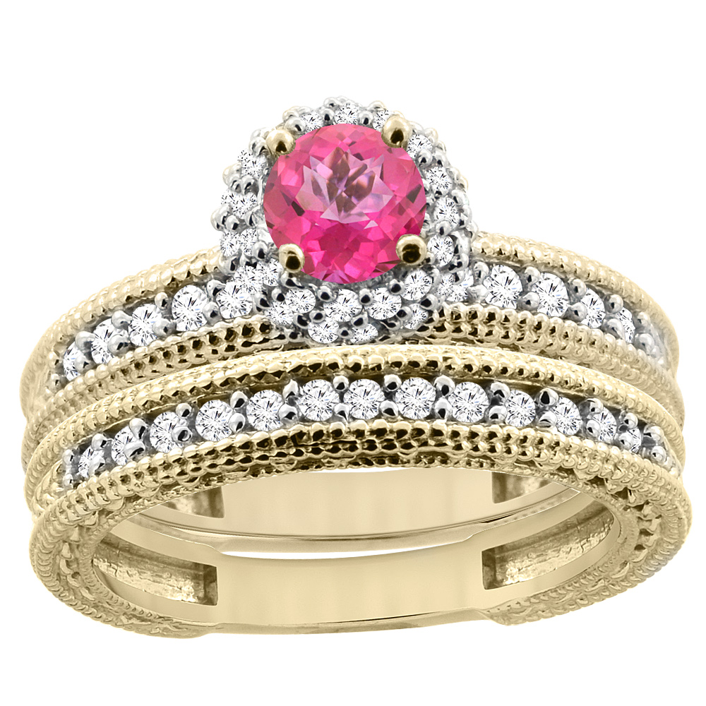 14K Yellow Gold Diamond Natural Pink Topaz Round 4mm Engagement Ring 2-piece Set, sizes 5 - 10