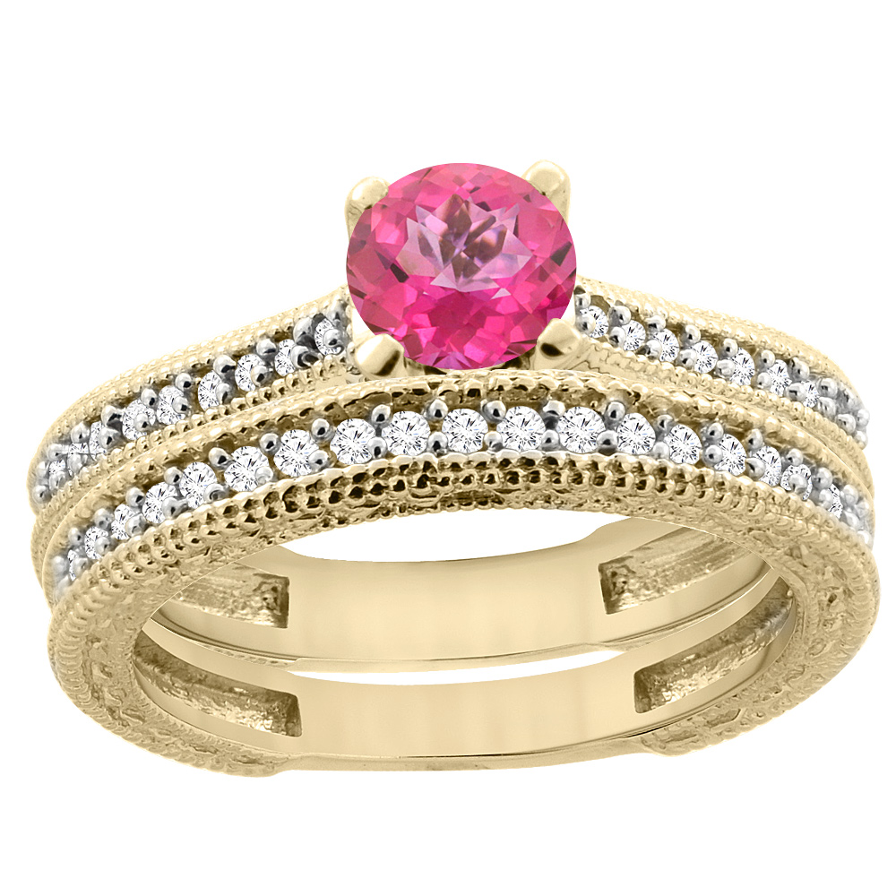 14K Yellow Gold Natural Pink Topaz Round 5mm Engraved Engagement Ring 2-piece Set Diamond Accents, sizes 5 - 10
