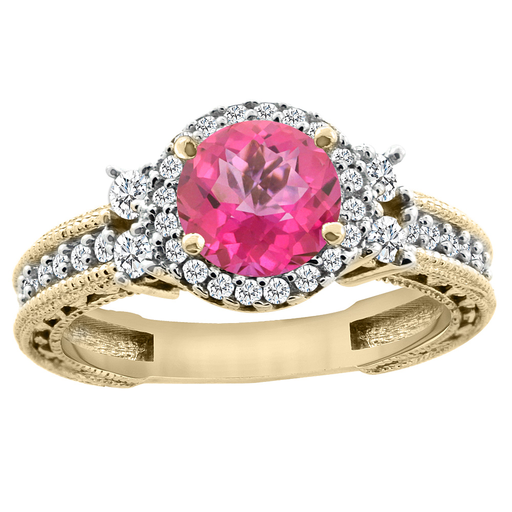 14K Yellow Gold Natural Pink Topaz Halo Engagement Ring Round 6mm Diamond Accents, sizes 5 - 10