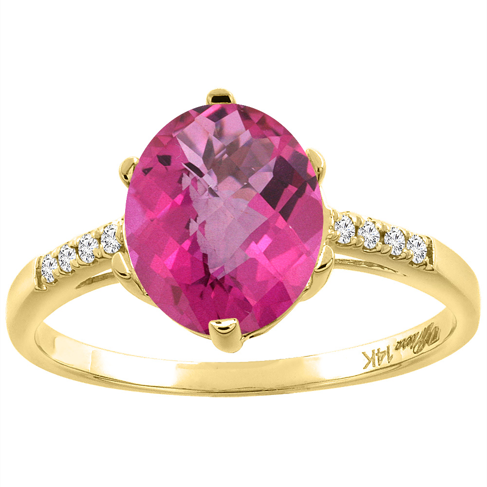 14K Yellow Gold Natural Pink Topaz &amp; Diamond Ring Oval 10x8 mm, sizes 5-10
