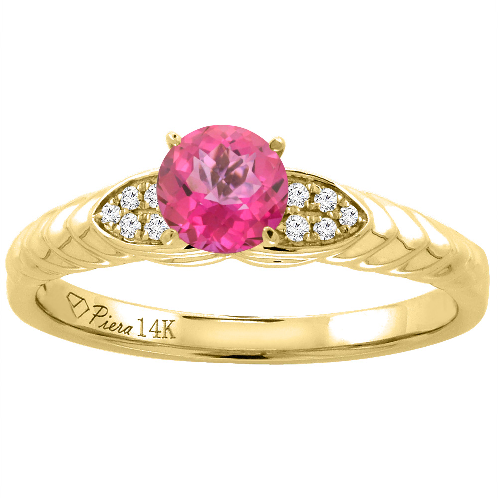 14K Yellow Gold Diamond Natural Pink Topaz Engagement Ring Round 5 mm, sizes 5-10