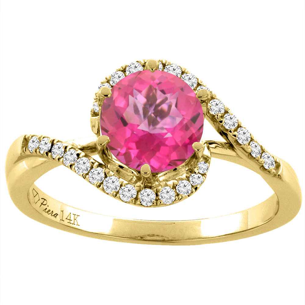 14K Yellow Gold Diamond Natural Pink Topaz Bypass Engagement Ring Round 7 mm, sizes 5-10