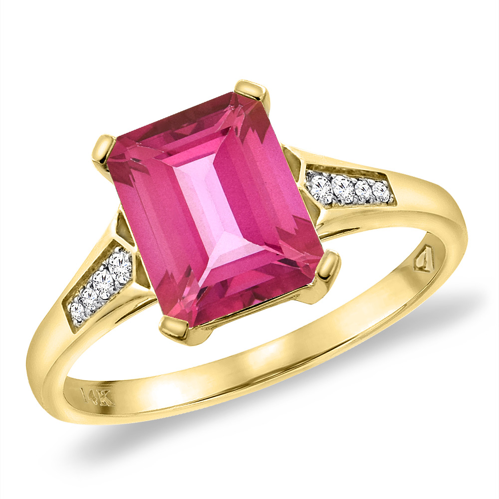 14K Yellow Gold Natural Pink Topaz Ring 9x7 mm Octagon with Diamond Accent, sizes 5 -10