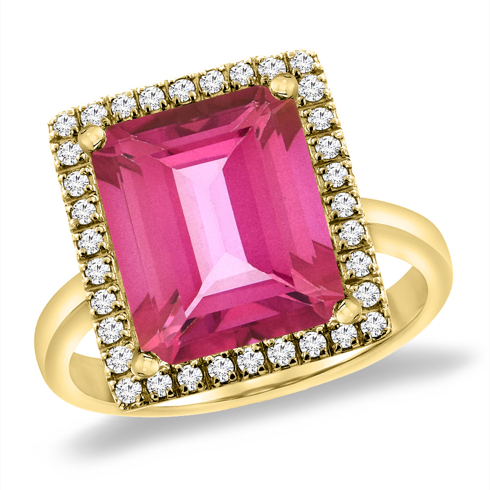 14K Yellow Gold Natural Pink Topaz Ring Diamond Accent 12x10 mm Octagon, sizes 5 -10