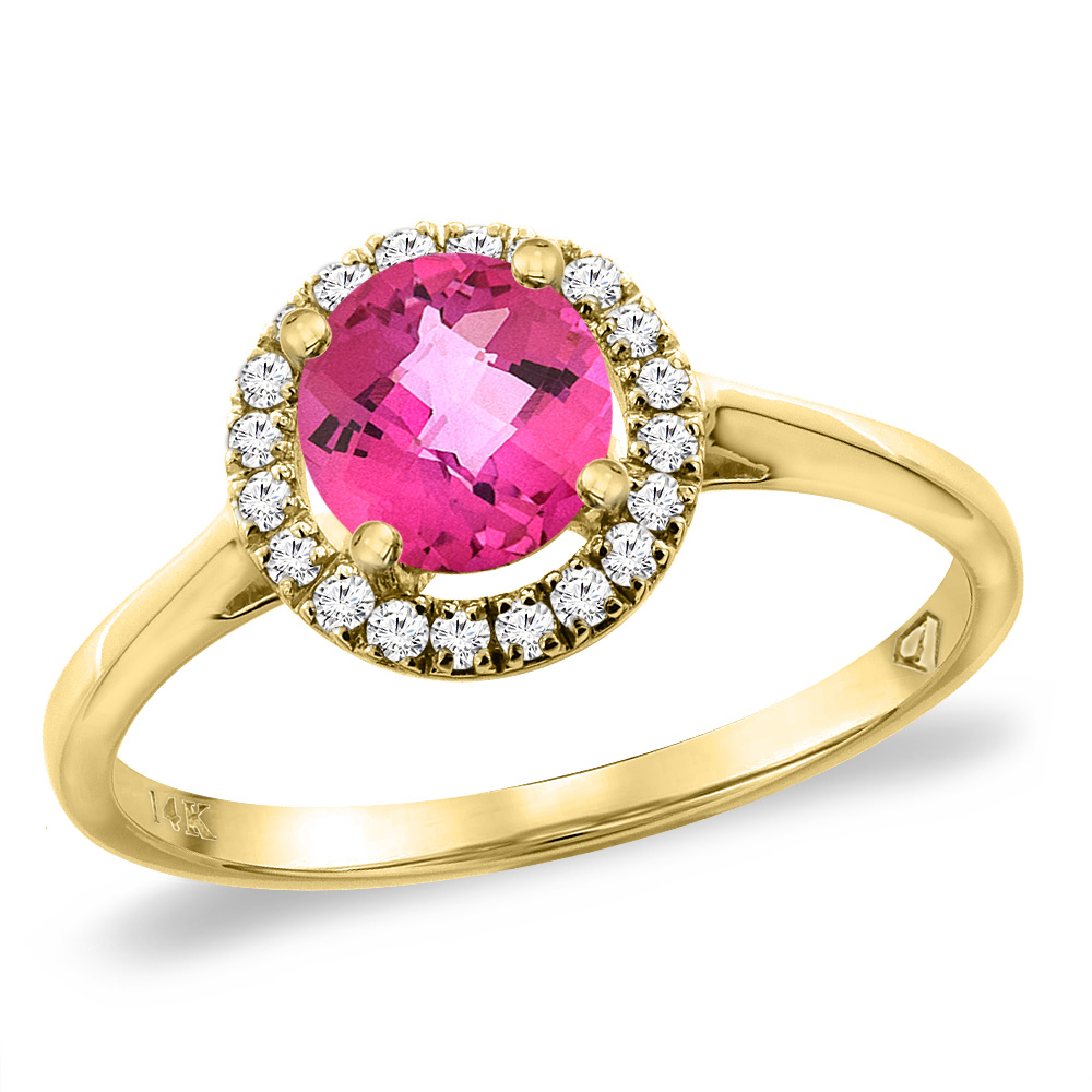 14K Yellow Gold Diamond Halo Natural Pink Topaz Engagement Ring Round 6 mm, sizes 5 -10