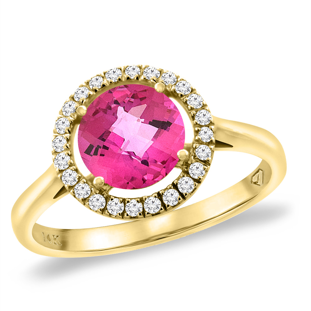 14K Yellow Gold Natural Pink Topaz Halo Engagement Ring Round 8 mm, sizes 5 -10