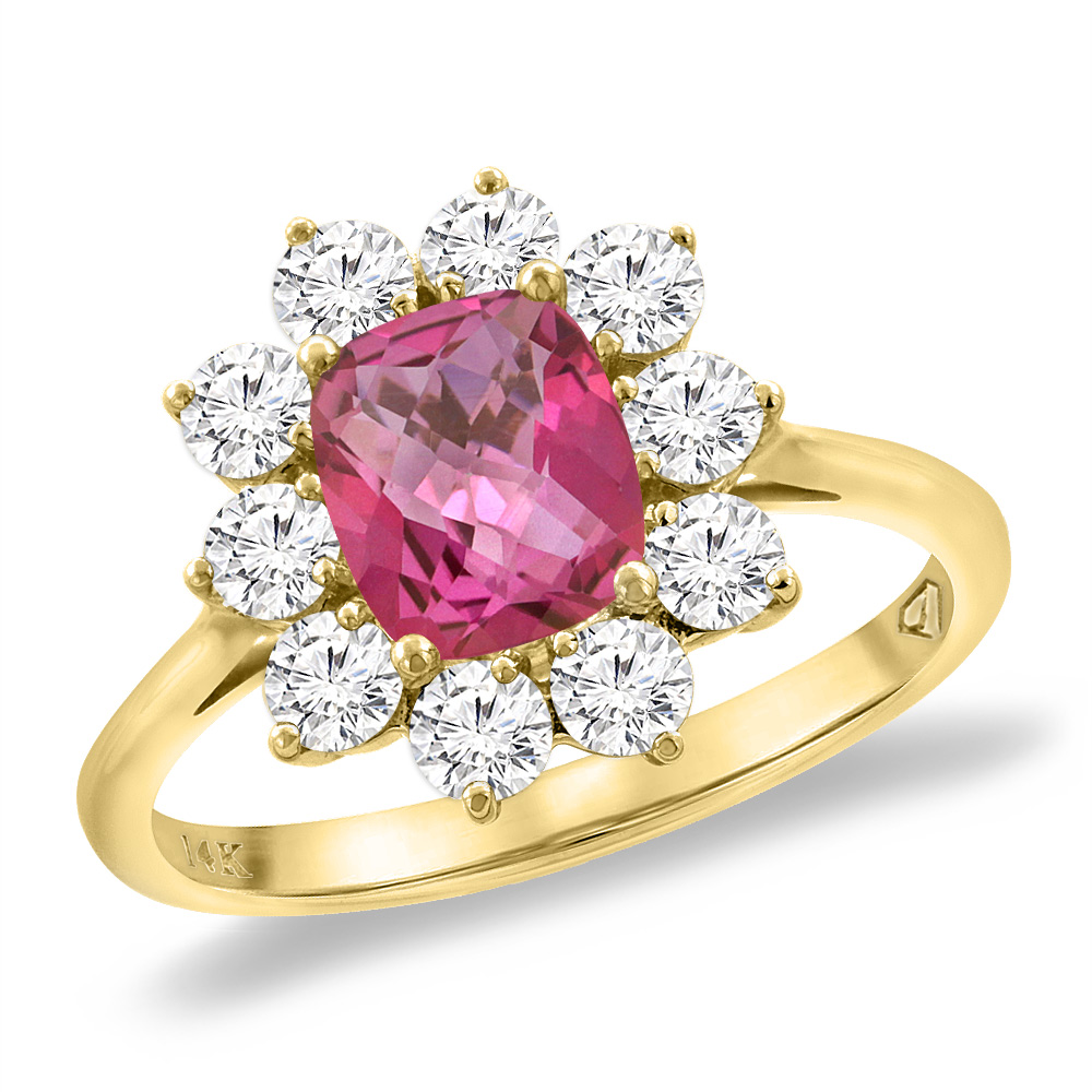 14K Yellow Gold Diamond Natural Pink Topaz Engagement Ring 8x6 mm Cushion, sizes 5 -10