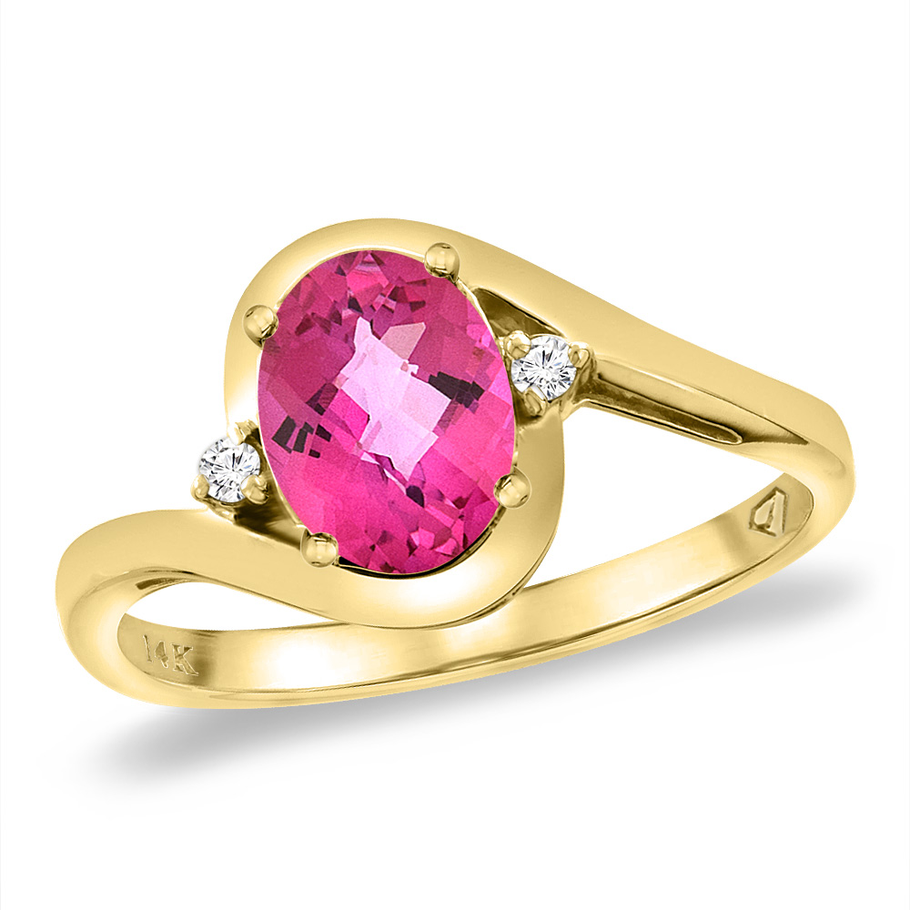 14K Yellow Gold Diamond Natural Pink Topaz Bypass Engagement Ring Oval 8x6 mm, sizes 5 -10
