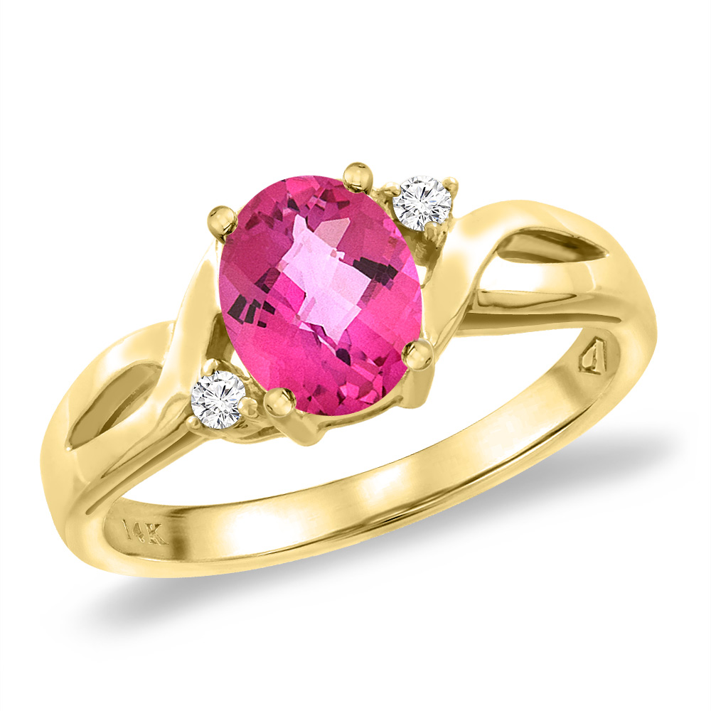 14K Yellow Gold Diamond Natural Pink Topaz Engagement Ring Oval 8x6 mm, sizes 5 -10