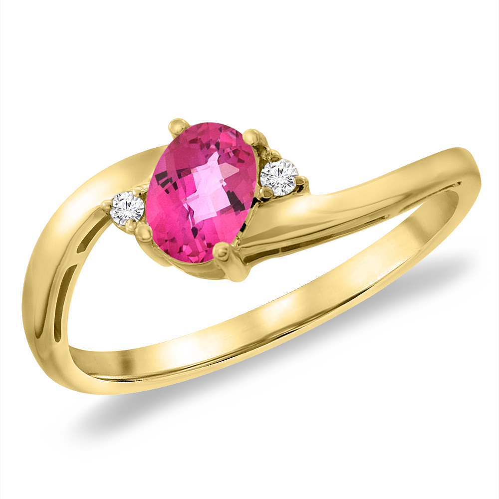 14K Yellow Gold Diamond Natural Pink Topaz Bypass Engagement Ring Oval 6x4 mm, sizes 5 -10
