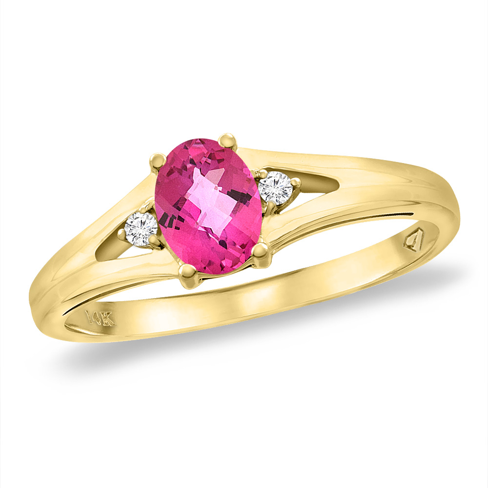 14K Yellow Gold Diamond Natural Pink Topaz Engagement Ring Oval 6x4 mm, sizes 5 -10