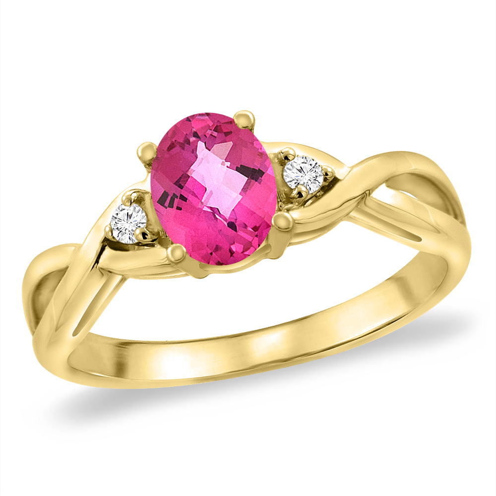 14K Yellow Gold Diamond Natural Pink Topaz Infinity Engagement Ring Oval 7x5 mm, sizes 5 -10