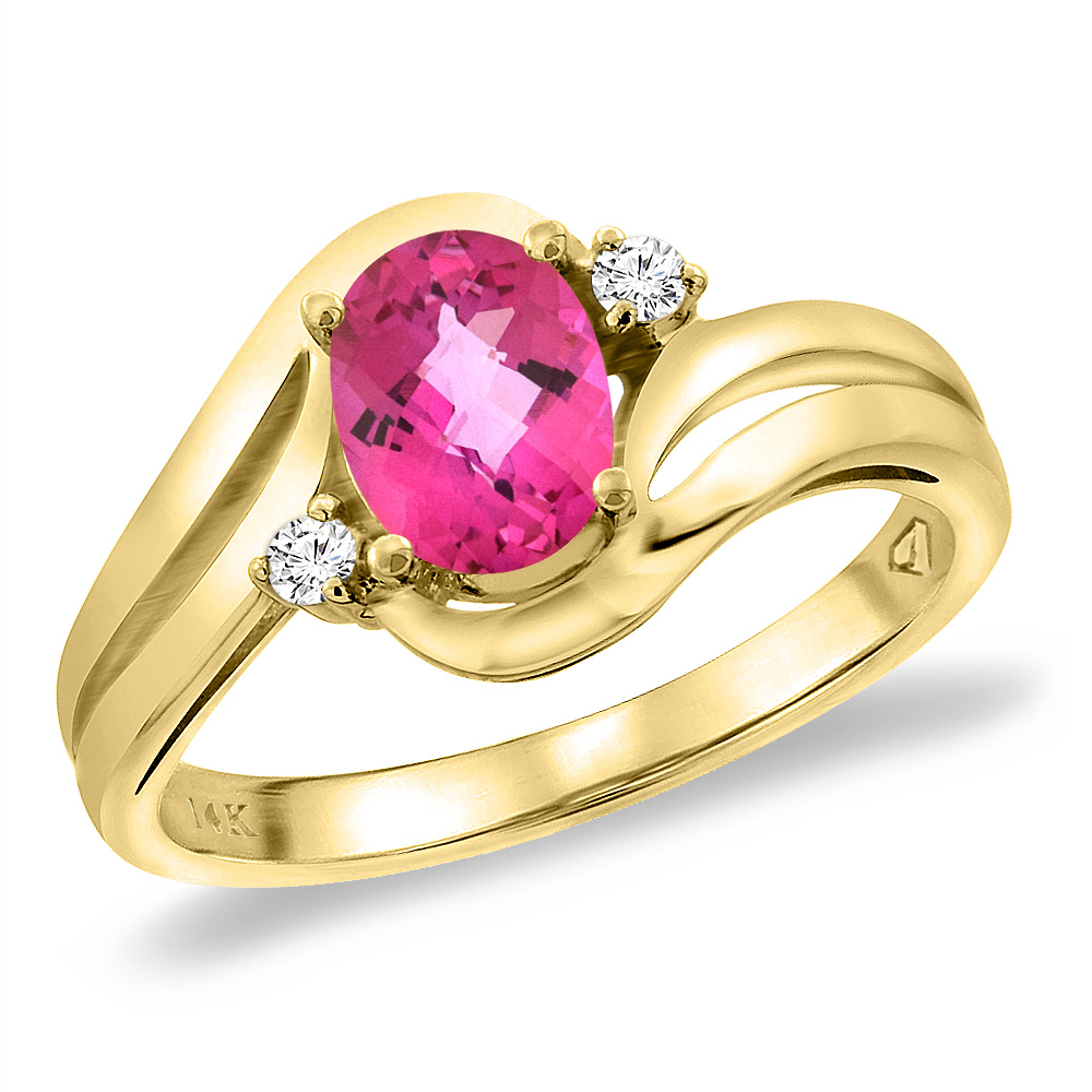 14K Yellow Gold Diamond Natural Pink Topaz Bypass Engagement Ring Oval 8x6 mm, sizes 5 -10