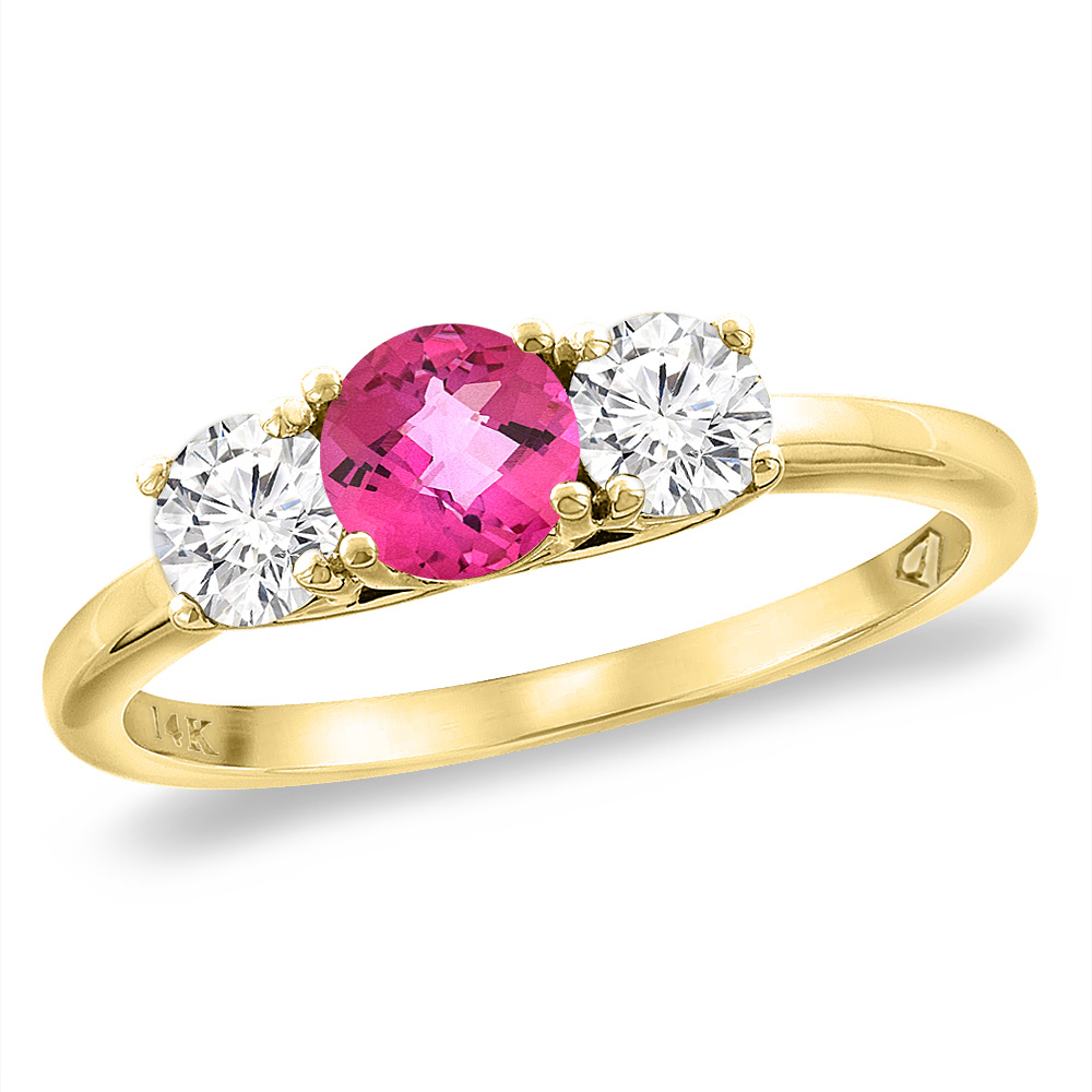 14K Yellow Gold Diamond Natural Pink Topaz Engagement Ring 5mm Round, sizes 5 -10