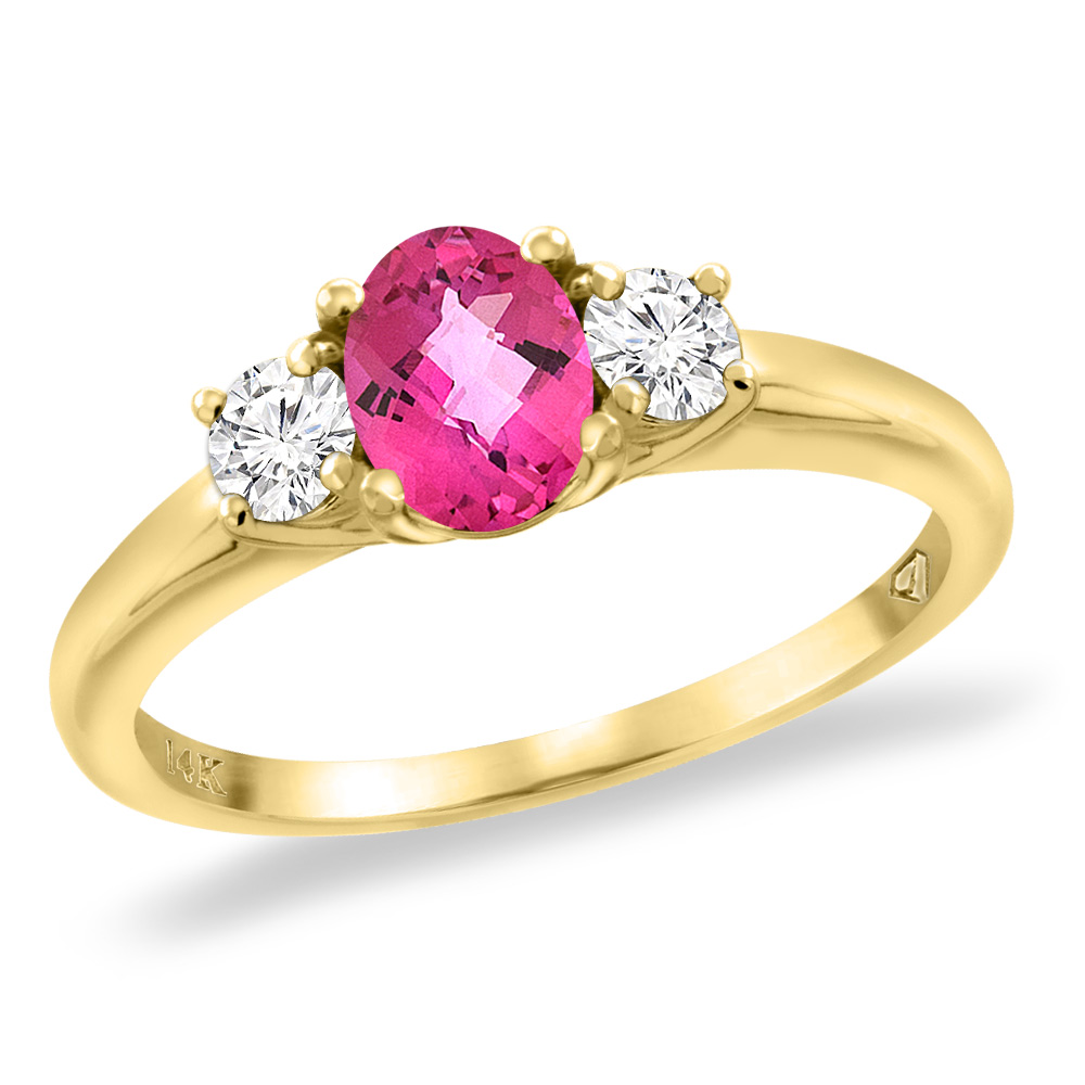 14K Yellow Gold Natural Pink Topaz Engagement Ring Diamond Accents Oval 7x5 mm, sizes 5 -10