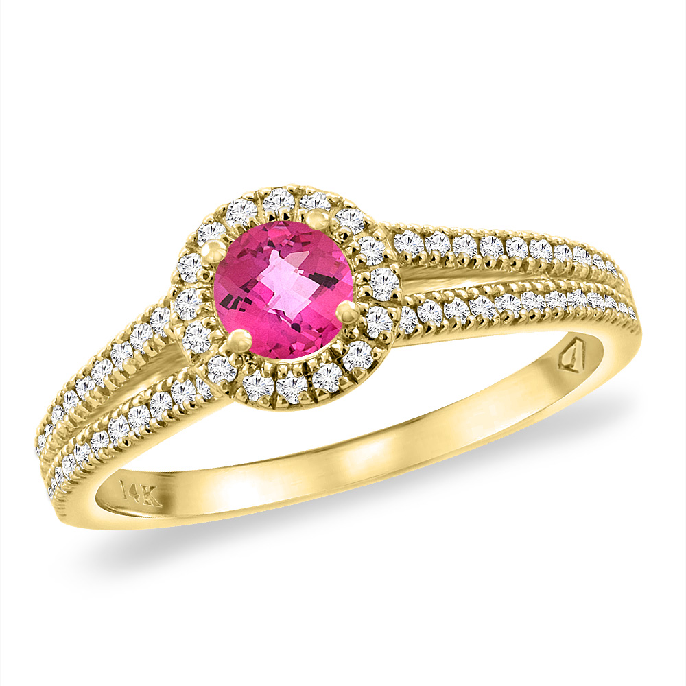 14K Yellow Gold Natural Pink Topaz Split Shank Diamond Halo Engagement Ring 4mm Round, sizes 5 -10
