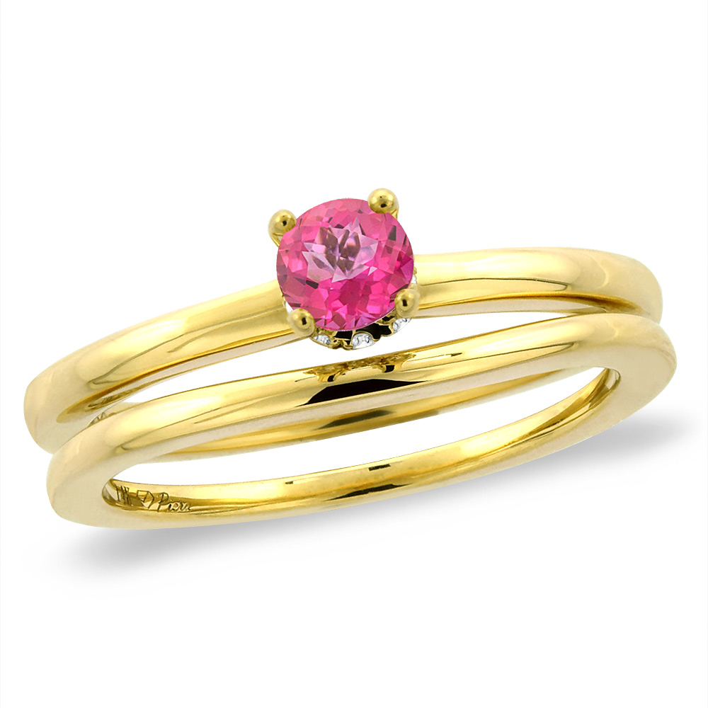 14K Yellow Gold Diamond Natural Pink Topaz 2pc Solitaire Engagement Ring Set Round 6 mm, sizes 5-10