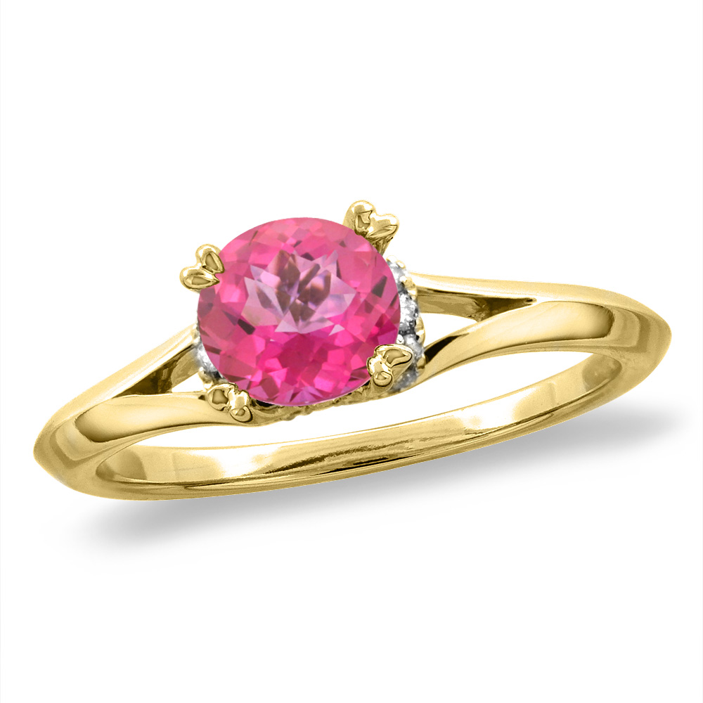 14K White/Yellow Gold Diamond Natural Pink Topaz Solitaire Engagement Ring Round 6 mm, size 5-10