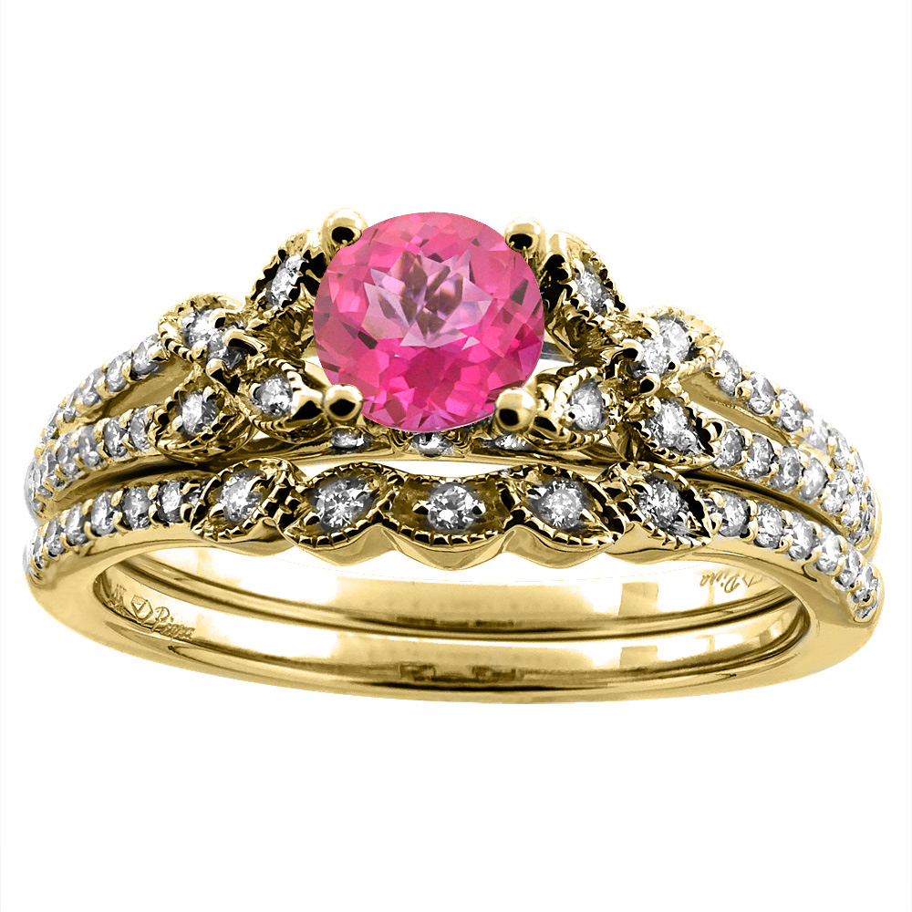 14K Yellow Gold Floral Diamond Natural Pink Topaz 2pc Engagement Ring Set Round 5 mm, sizes 5-10