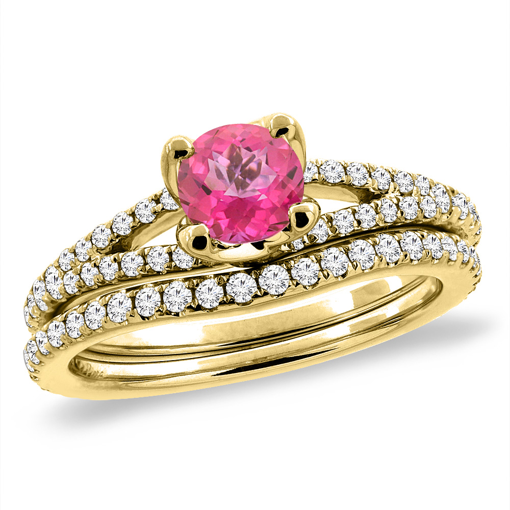 14K Yellow Gold Diamond Natural Pink Topaz 2pc Engagement Ring Set Round 5 mm, sizes 5-10