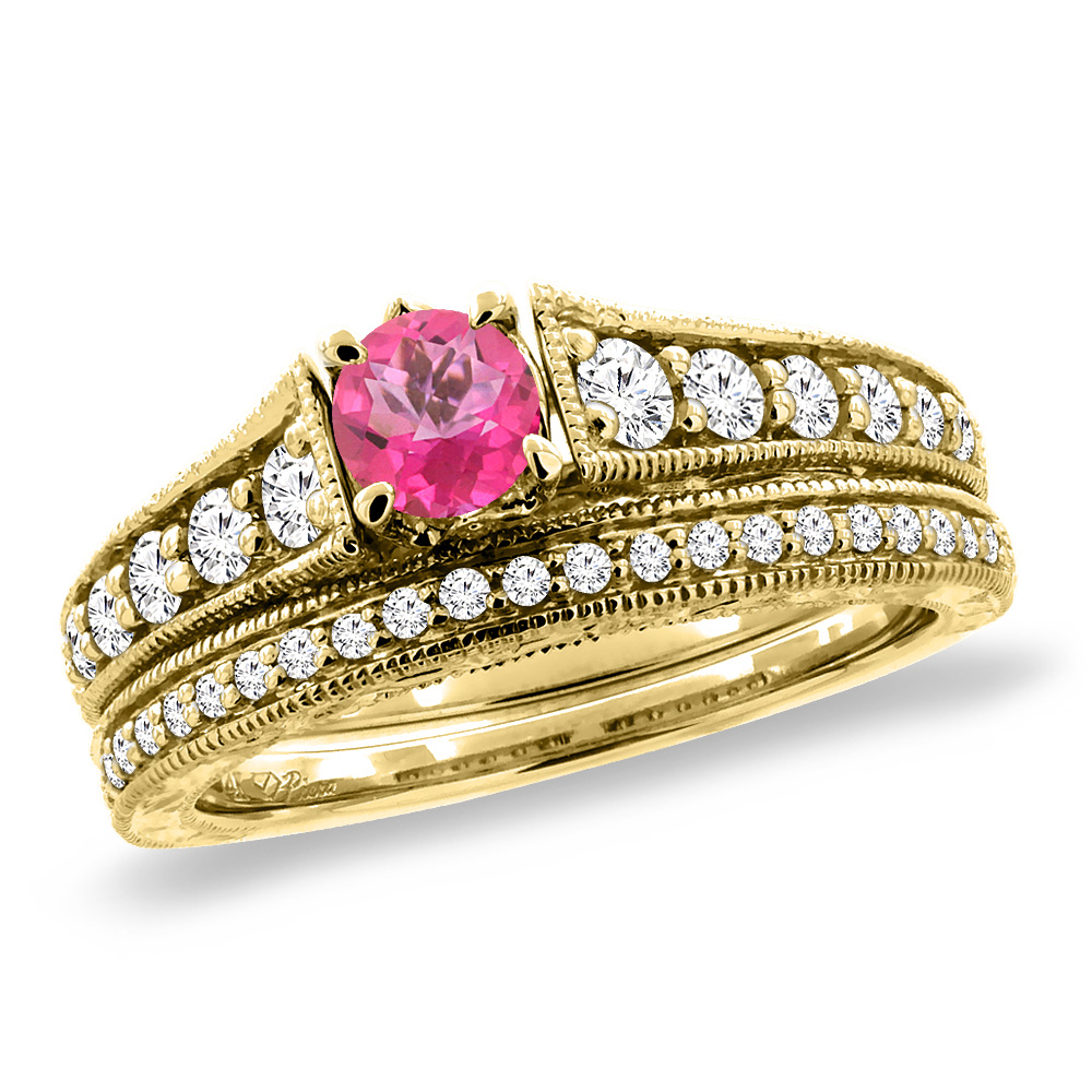 14K Yellow Gold Diamond Natural Pink Topaz 2pc Engagement Ring Set Round 5 mm, sizes 5-10
