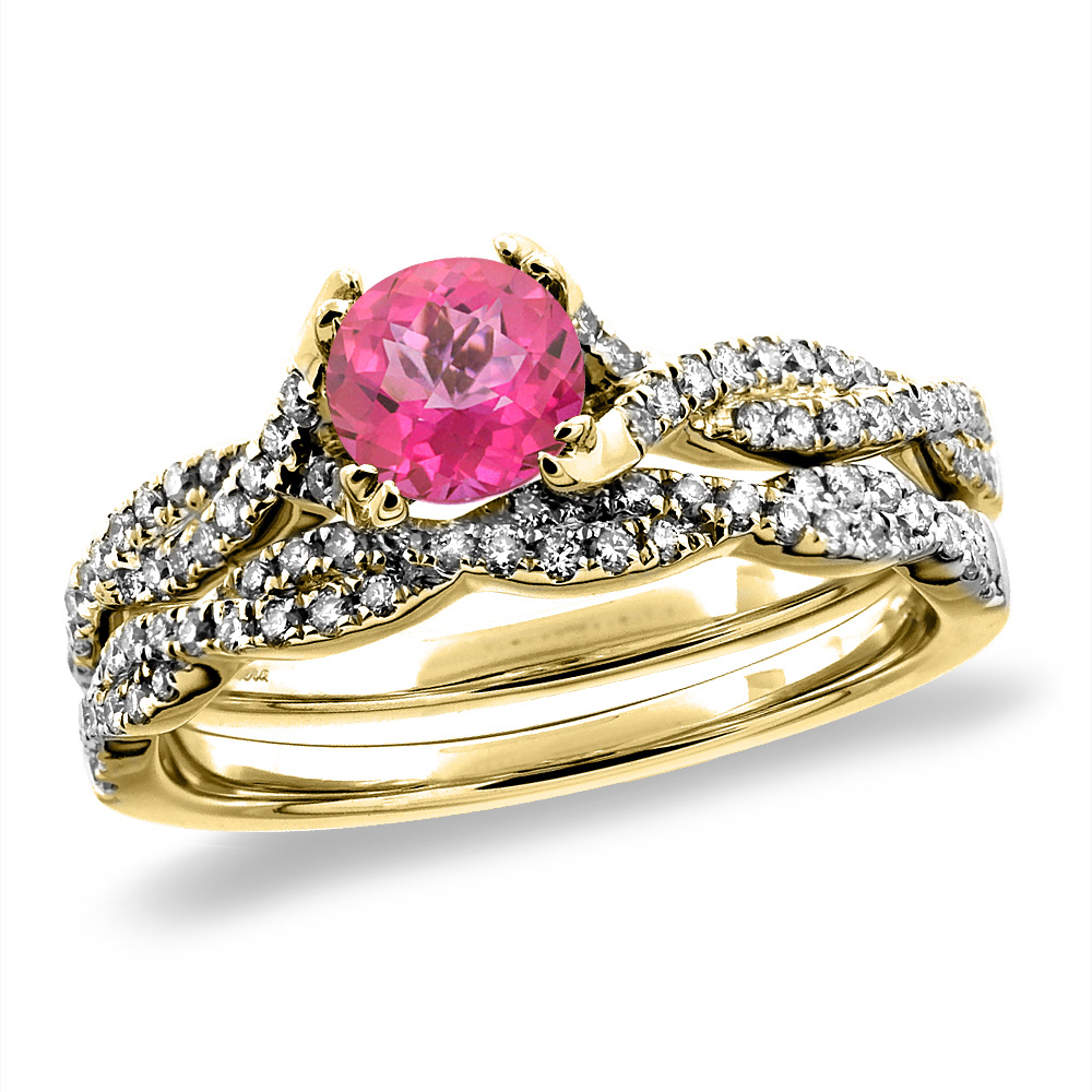 14K White/Yellow Gold Diamond Natural Pink Topaz 2pc Infinity Engagement Ring Set Round 5 mm, sz 5-10