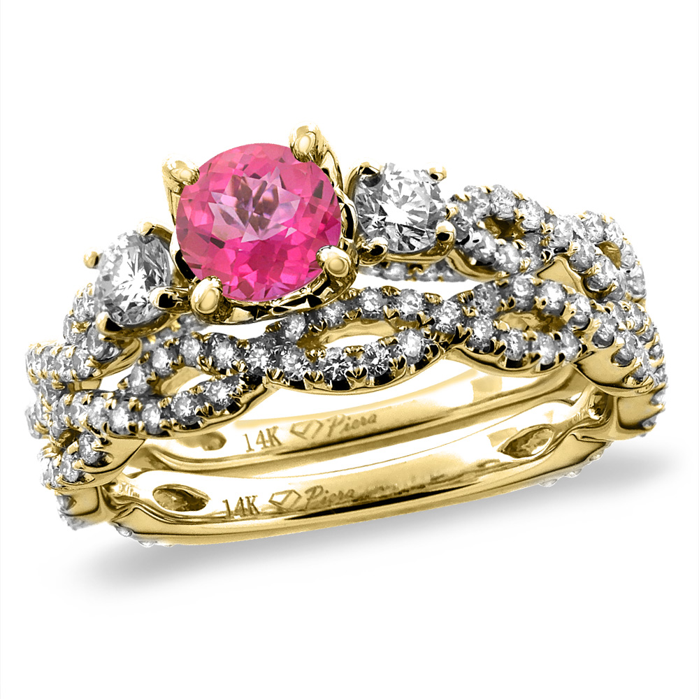 14K Yellow Gold Diamond Natural Pink Topaz 2pc Infinity Engagement Ring Set Round 5 mm, sizes 5-10