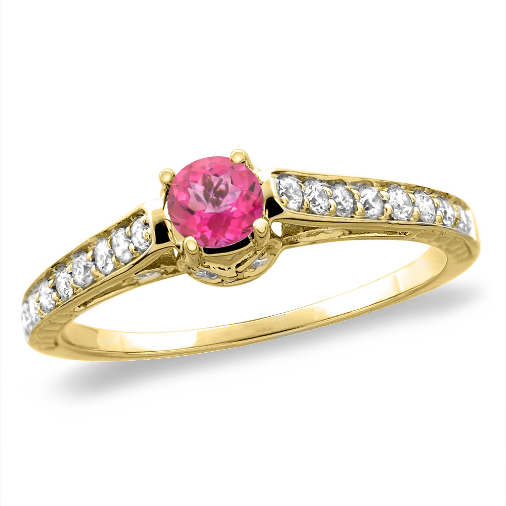 14K White/Yellow Gold Diamond Natural Pink Topaz Engagement Ring Round 5 mm, sizes 5-10